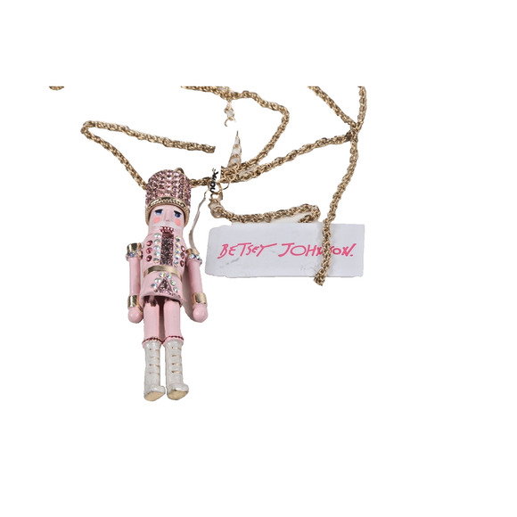 BETSEY JOHNSON Nutcracker Holiday Rhinestone Long Pink Pendant Necklace Giftable - Picture 1 of 13